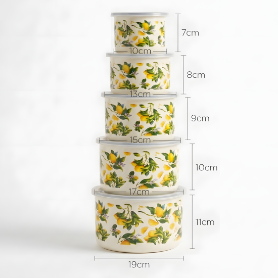 Lemon Pattern Metal Tupperware Set - 5 Pcs